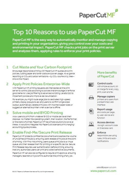 Top 10 Reasons, Papercut MF, Impressions Office Solutions, Aspen, Glenwood Springs, CO, Colorado, Dealer, Reseller, Agent